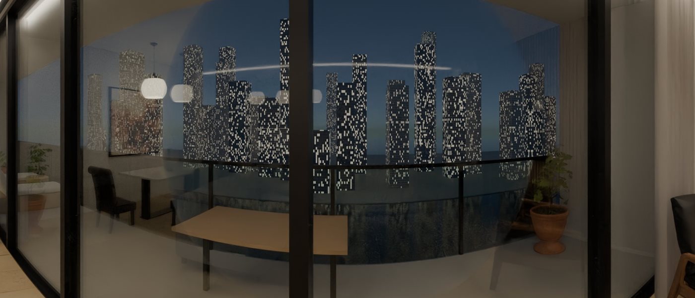 Living room of a 1-bedroom Dubai marina apartment at blue hour